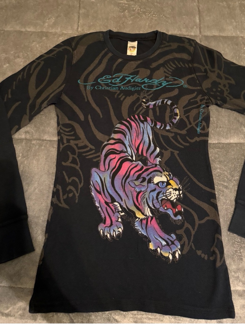 Ed Hardy Black Long Sleeve Tee with Multicolor Tiger Graphic